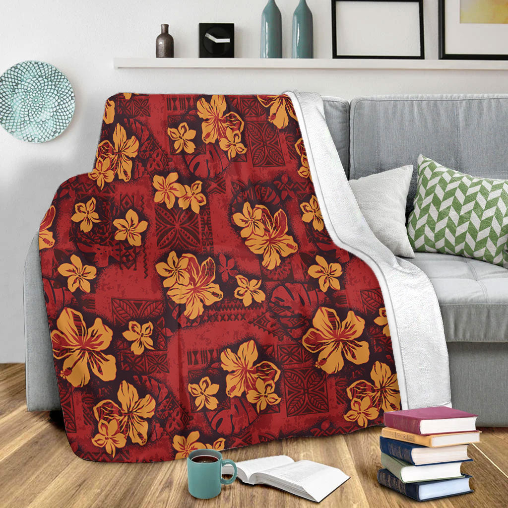 Hawaii Premium Blanket Polynesian Tribal And Hibiscus Vintage Red Gold