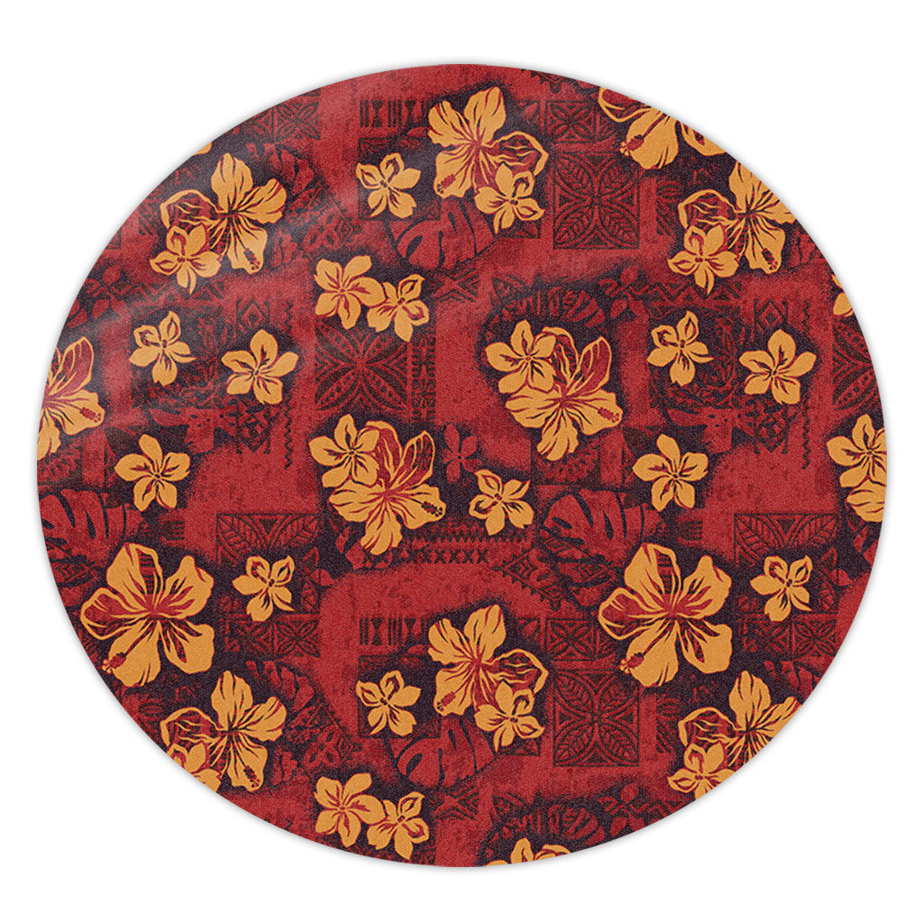 Hawaii Round Rug Polynesian Tribal And Hibiscus Vintage Red Gold
