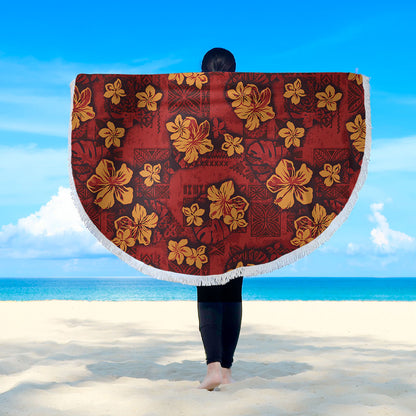 Hawaii Beach Blanket Polynesian Tribal And Hibiscus Vintage Red Gold