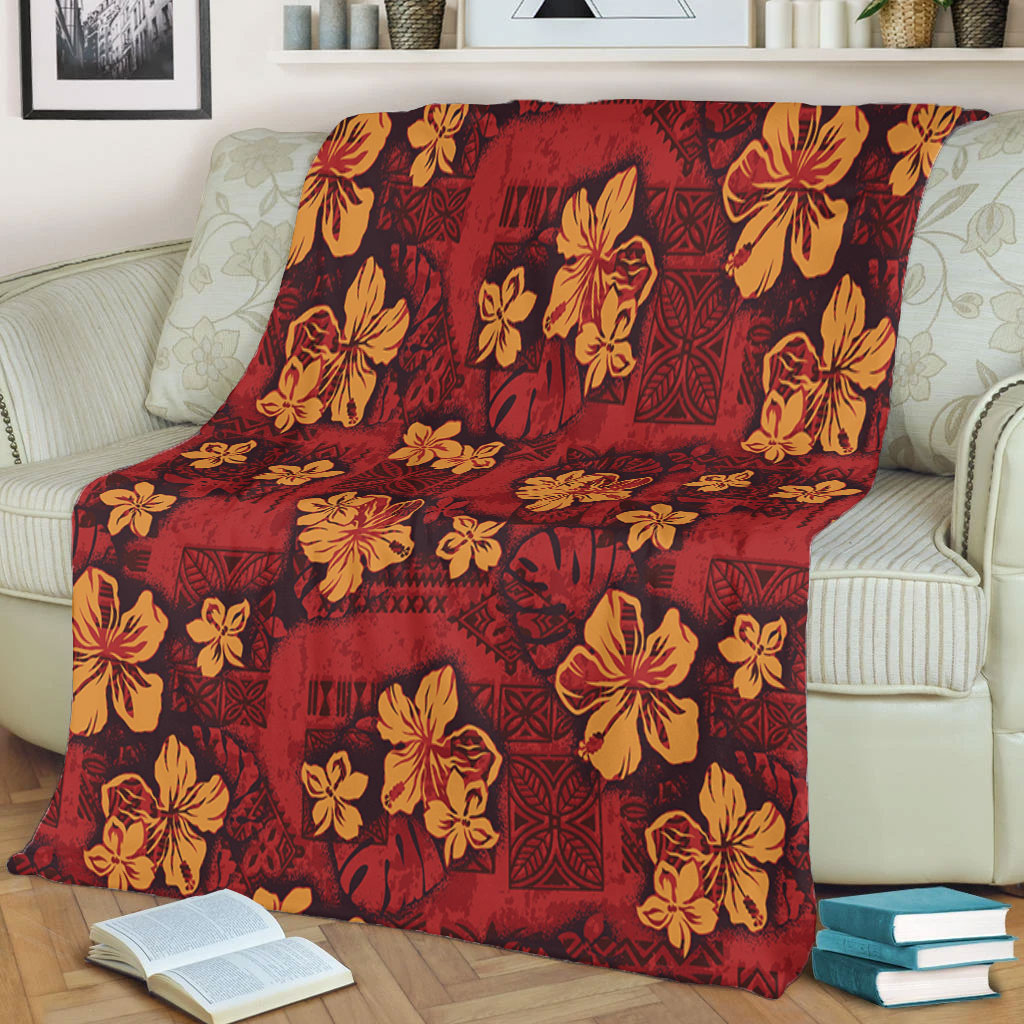 Hawaii Premium Blanket Polynesian Tribal And Hibiscus Vintage Red Gold
