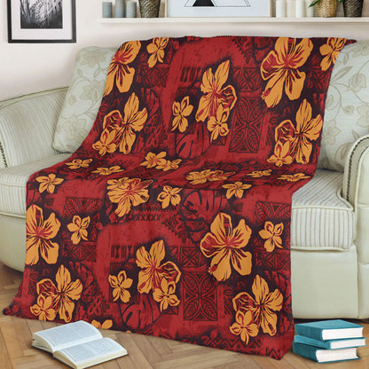 Hawaii Premium Blanket Polynesian Tribal And Hibiscus Vintage Red Gold