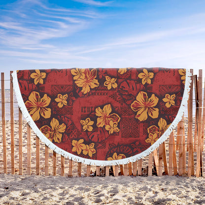 Hawaii Beach Blanket Polynesian Tribal And Hibiscus Vintage Red Gold