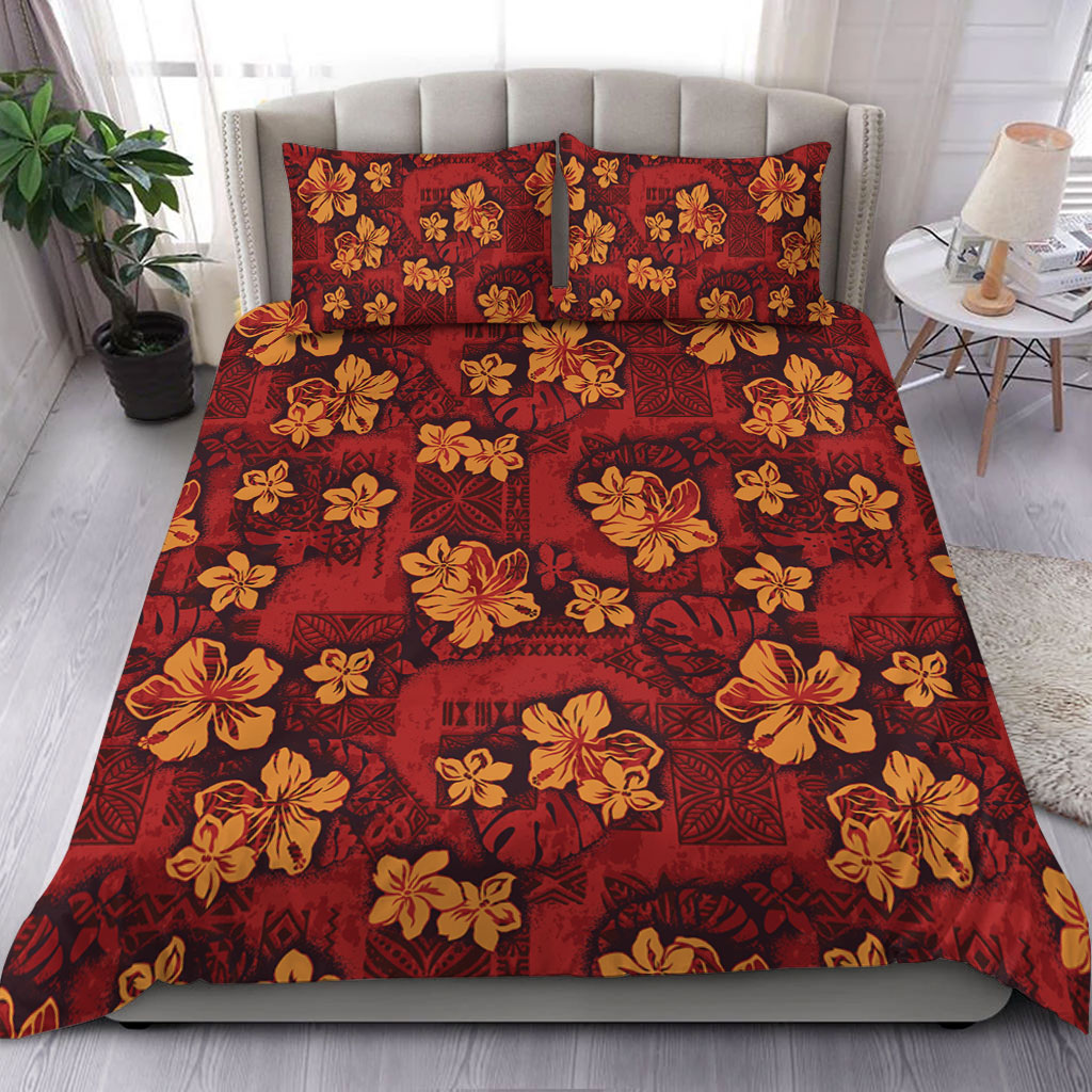 Hawaii Bedding Set Polynesian Tribal And Hibiscus Vintage Red Gold