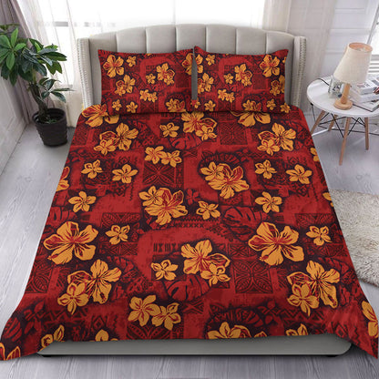 Hawaii Bedding Set Polynesian Tribal And Hibiscus Vintage Red Gold