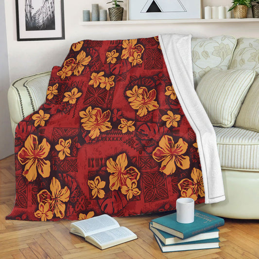 Hawaii Premium Blanket Polynesian Tribal And Hibiscus Vintage Red Gold