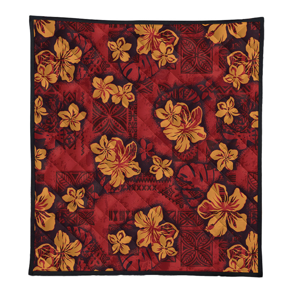 Hawaii Premium Quilt Polynesian Tribal And Hibiscus Vintage Red Gold