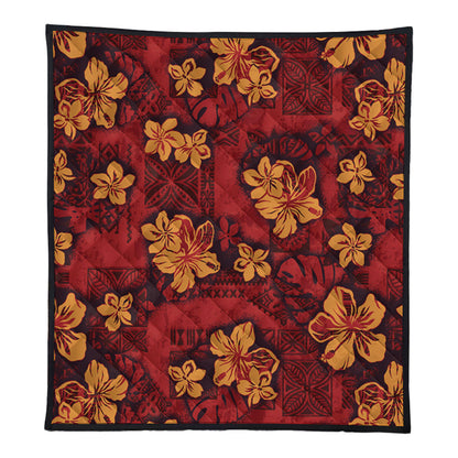 Hawaii Premium Quilt Polynesian Tribal And Hibiscus Vintage Red Gold