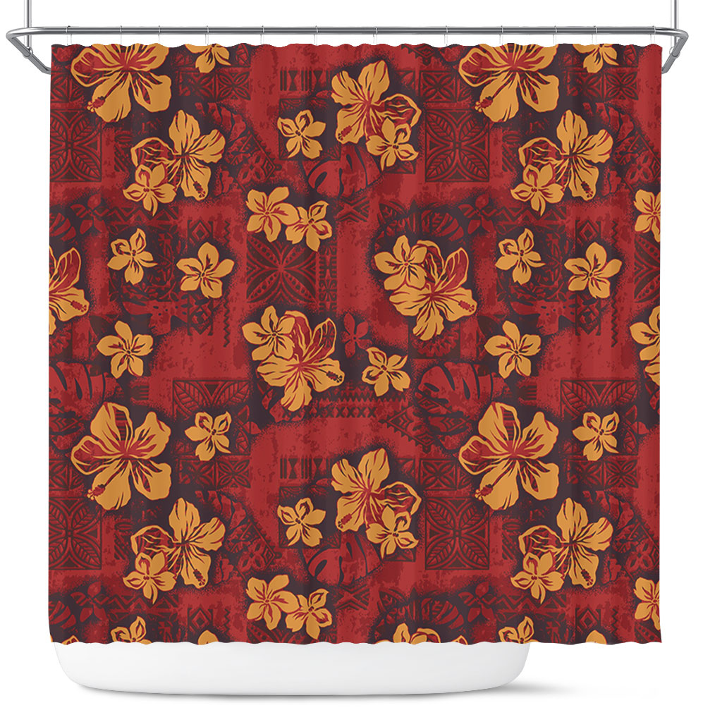 Hawaii Shower Curtain Polynesian Tribal And Hibiscus Vintage Red Gold