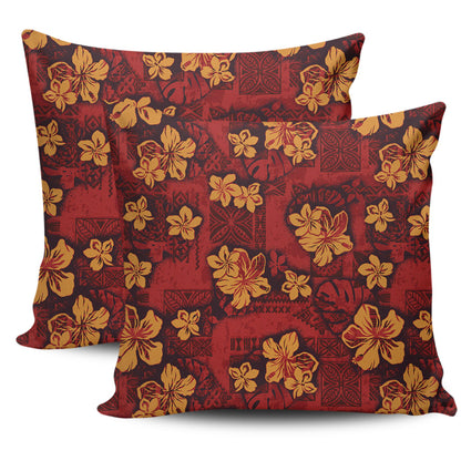 Hawaii Pillow Cover Polynesian Tribal And Hibiscus Vintage Red Gold