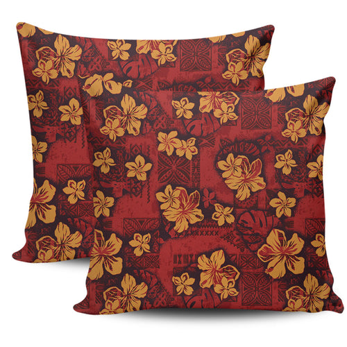 Hawaii Pillow Cover Polynesian Tribal And Hibiscus Vintage Red Gold