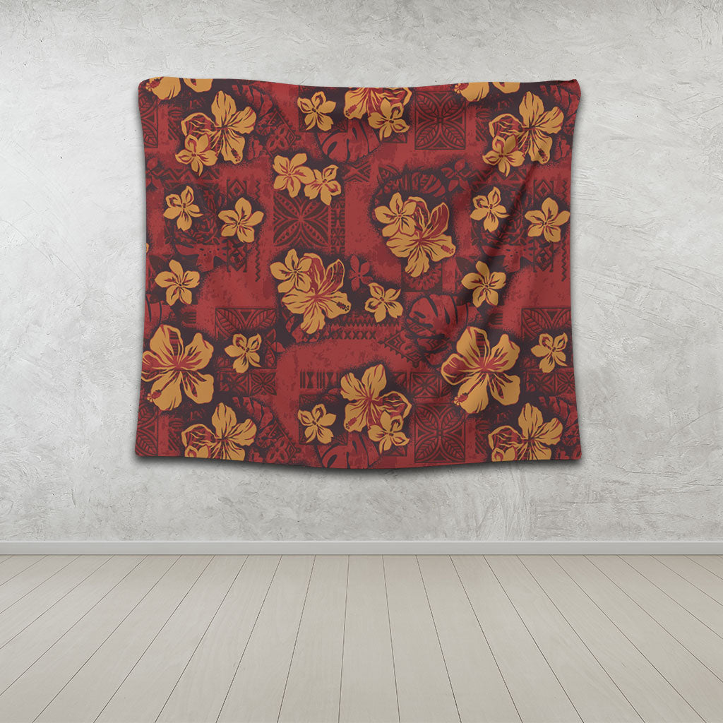 Hawaii Tapestry Polynesian Tribal And Hibiscus Vintage Red Gold