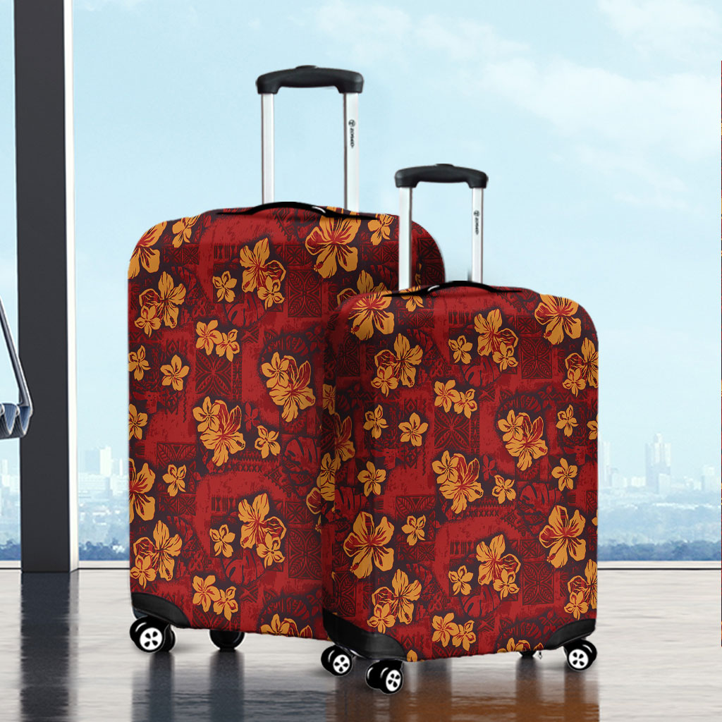 Hawaii Luggage Cover Polynesian Tribal And Hibiscus Vintage Red Gold