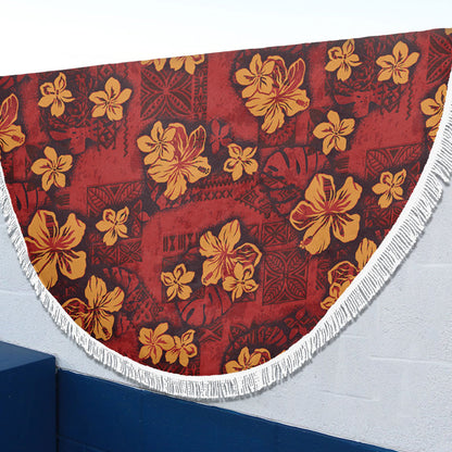 Hawaii Beach Blanket Polynesian Tribal And Hibiscus Vintage Red Gold