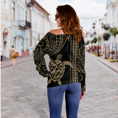Hawaii Off Shoulder Sweatshirt Polynesian Tribal Turtle Gold