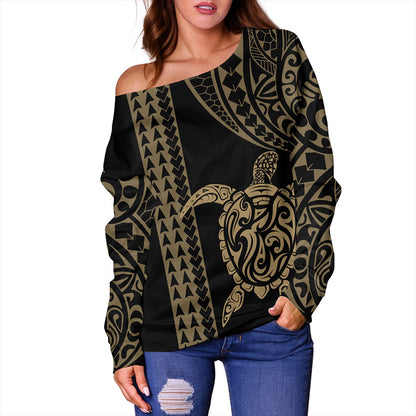 Hawaii Off Shoulder Sweatshirt Polynesian Tribal Turtle Gold