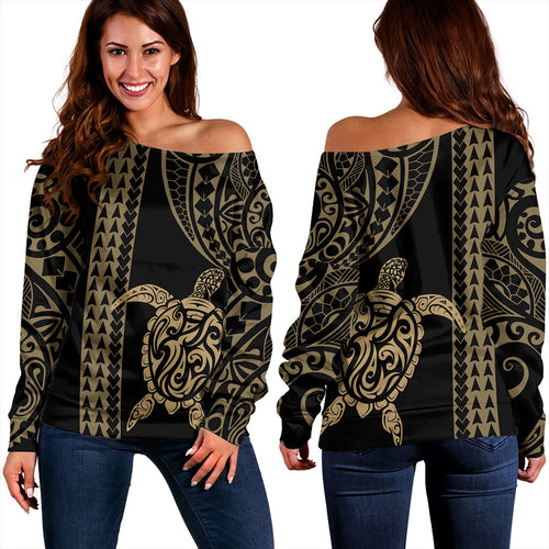 Hawaii Off Shoulder Sweatshirt Polynesian Tribal Turtle Gold