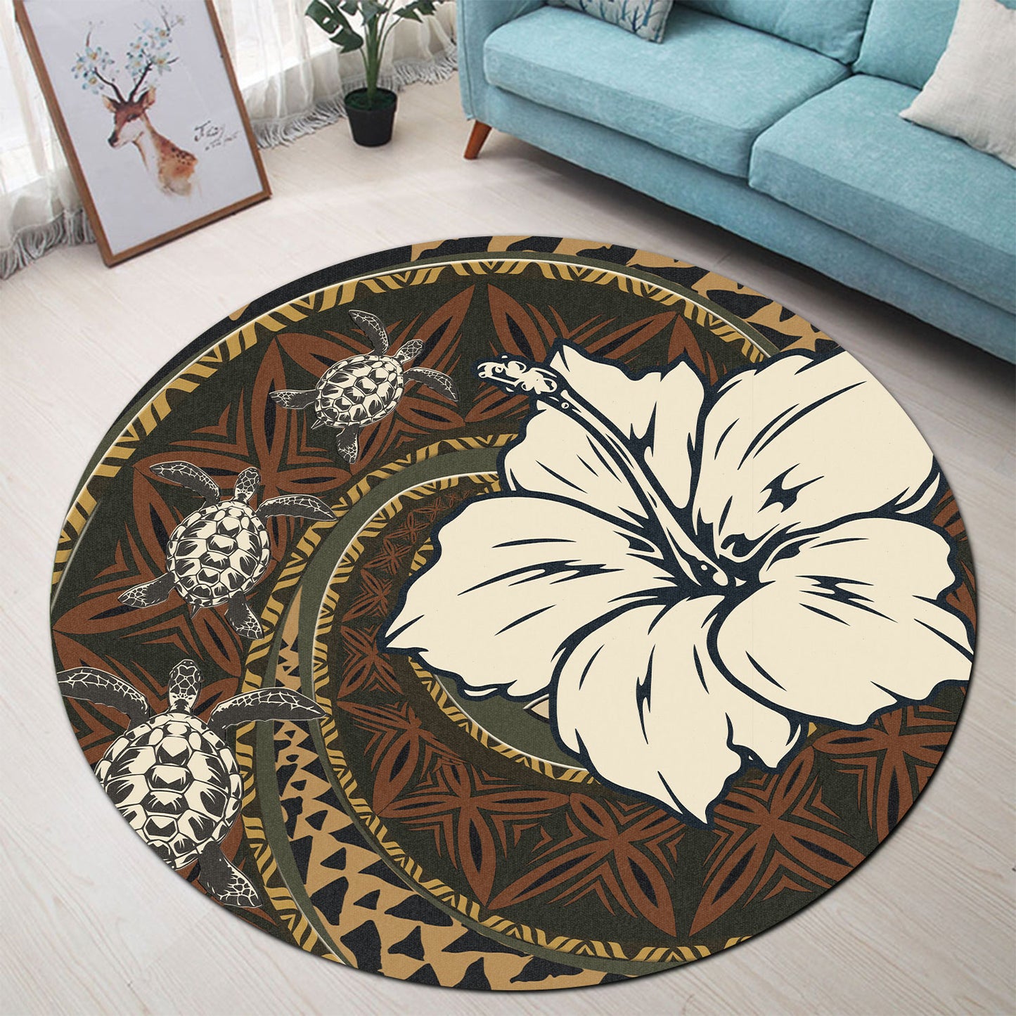 Polynesian Turtle Retro Style Round Rug