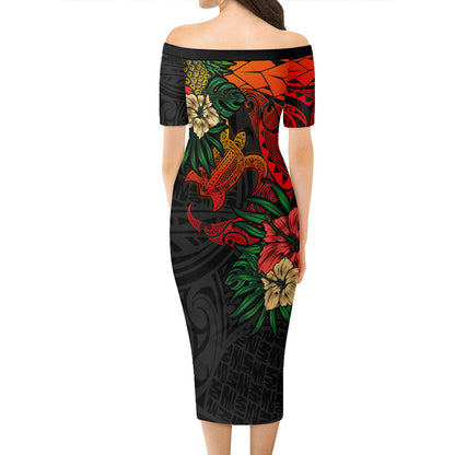 Hawaii Short Sleeve Off The Shoulder Lady Dress Polynesian Turtle Tropical