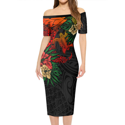Hawaii Short Sleeve Off The Shoulder Lady Dress Polynesian Turtle Tropical