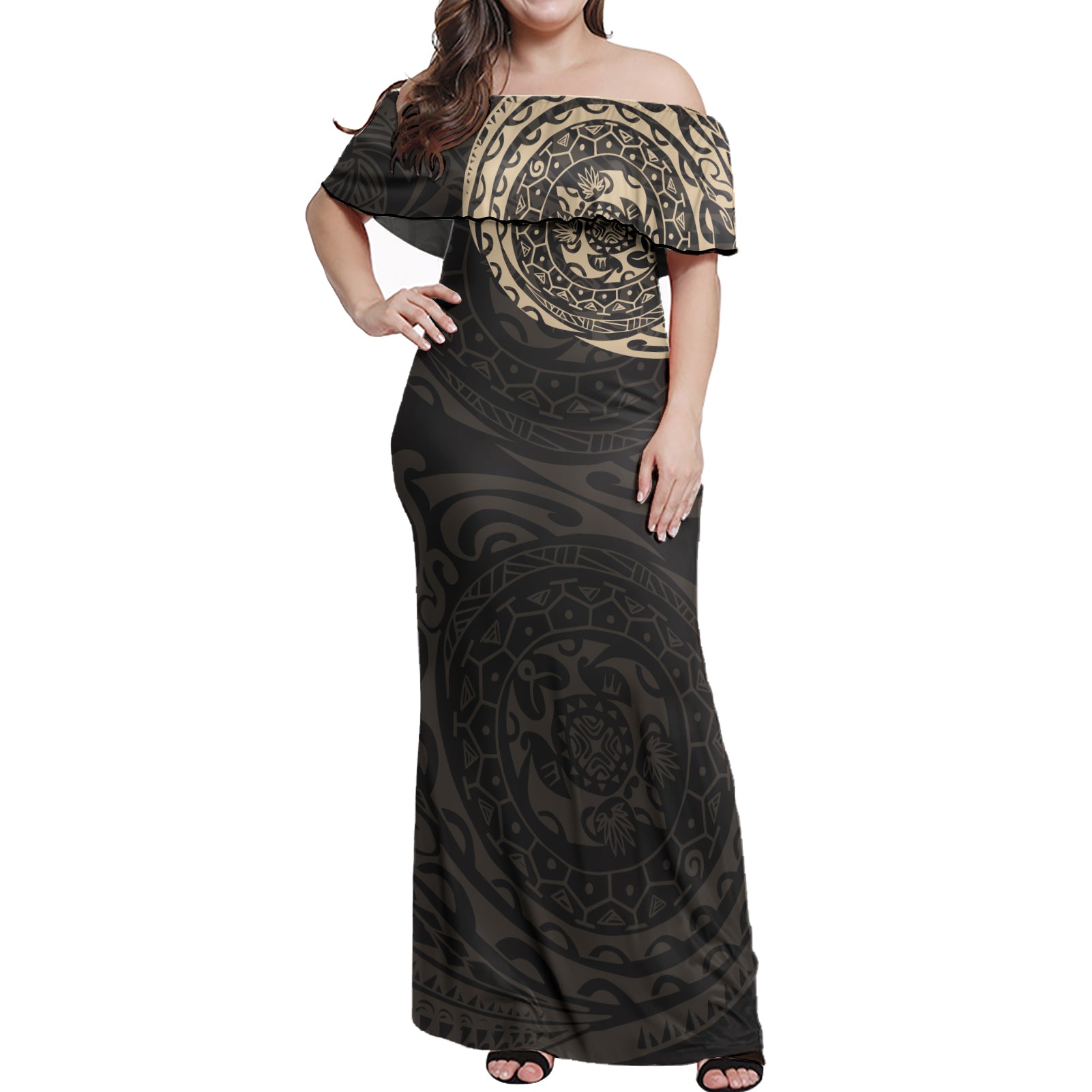 Polynesian Tattoo Style Women Off Shoulder Long Dress Version 2.0