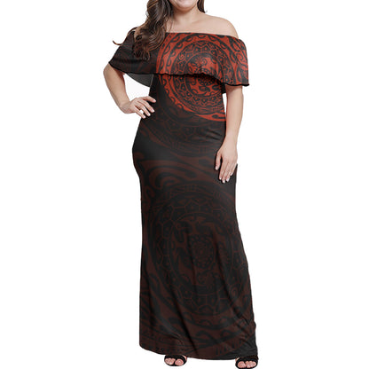 Polynesian Tattoo Style Women Off Shoulder Long Dress Version 2.0