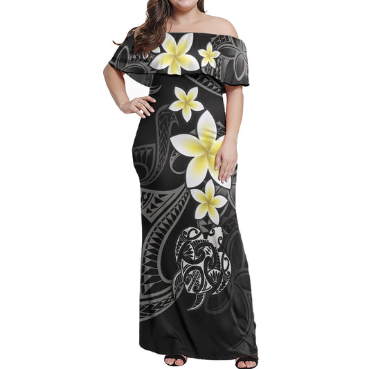 Polynesian Woman Off Shoulder Long Dress Honu Plumeria Tribal Tattoo