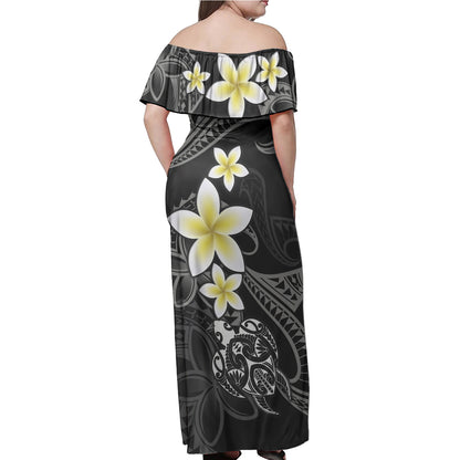 Polynesian Woman Off Shoulder Long Dress Honu Plumeria Tribal Tattoo