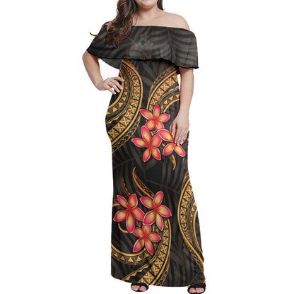 Polynesian Woman Off Shoulder Long Dress Polynesian Gold Plumeria