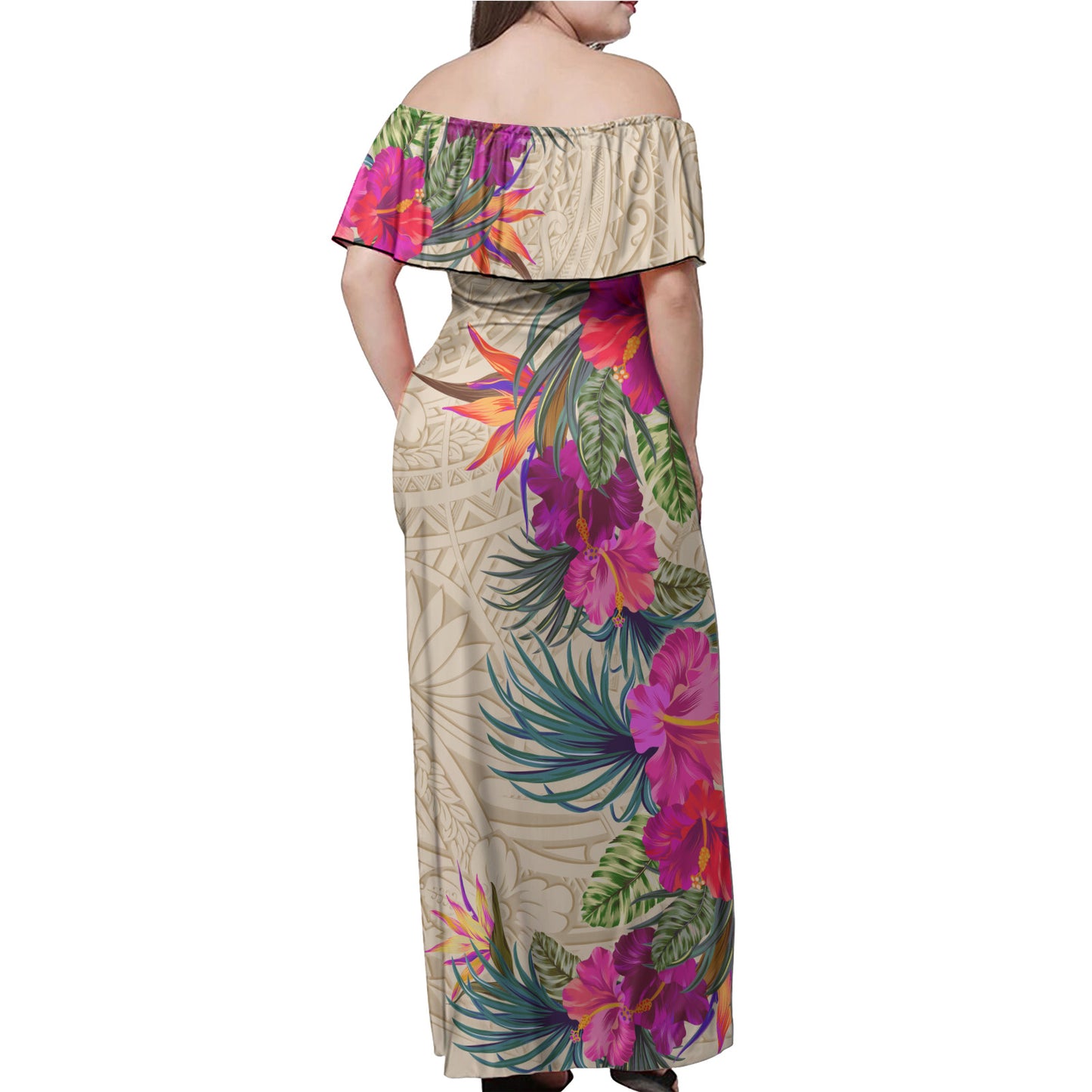 Polynesian Woman Off Shoulder Long Dress Polynesian Pattern Hibiscus Nude