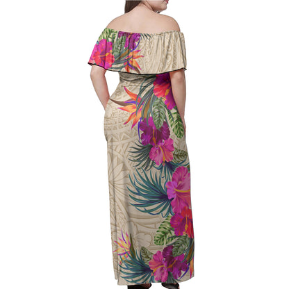 Polynesian Woman Off Shoulder Long Dress Polynesian Pattern Hibiscus Nude