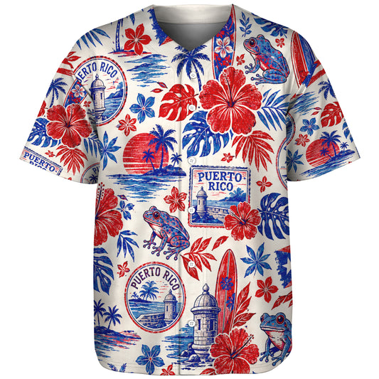 Puerto Rico Baseball Shirt Coqui Hibiscus Vintage Island Postcard