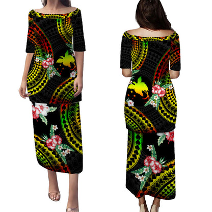Papua New Guinea Combo Puletasi And Shirt Polynesian Pattern Reggae Color Hibiscus Flowers