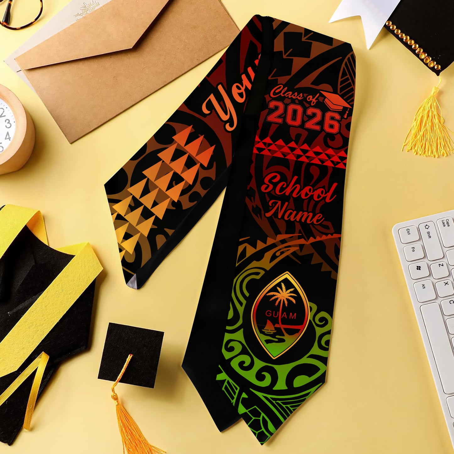 Guam Graduation Stole Custom Class 2026 Coat Of Arms Kakau Style