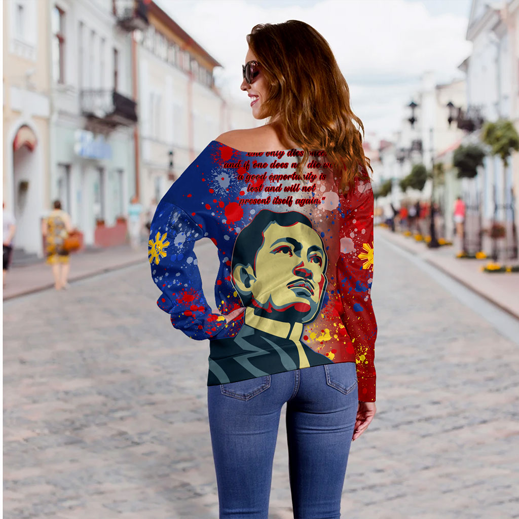 Philippines Filipinos Off Shoulder Sweatshirt Rizal Monument On Rizal Day Background Texture Brush Style