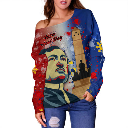 Philippines Filipinos Off Shoulder Sweatshirt Rizal Monument On Rizal Day Background Texture Brush Style