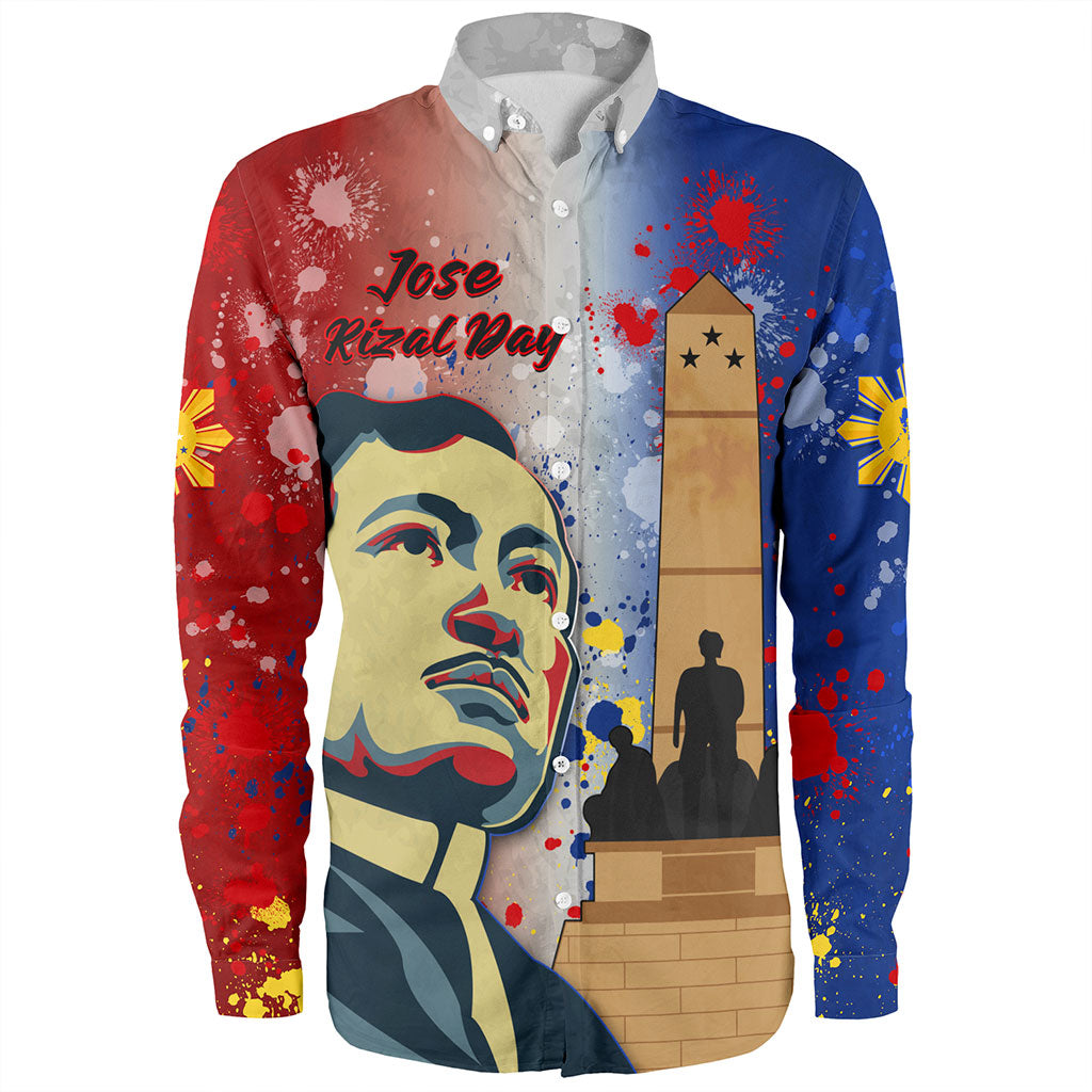 Philippines Filipinos Long Sleeve Shirt Rizal Monument On Rizal Day Background Texture Brush Style