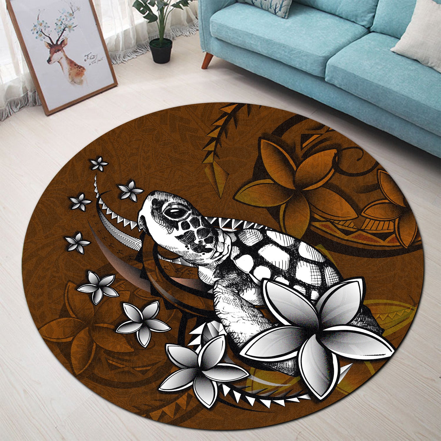 Hawaii Round Rug Sea Turtle With Plumeria Polynesian Patterns Retro ...