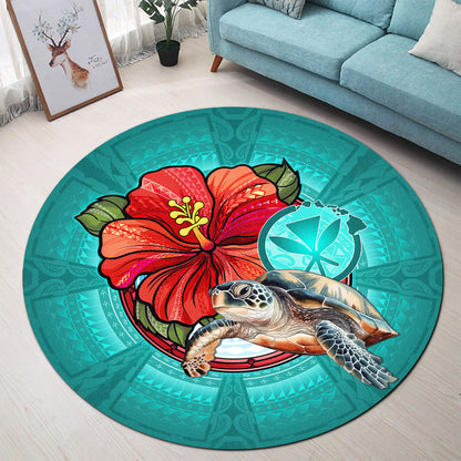 Hawaii Round Rug Hawaiian Map Turtle Hibiscus Flowers Polynesian Patterns Style