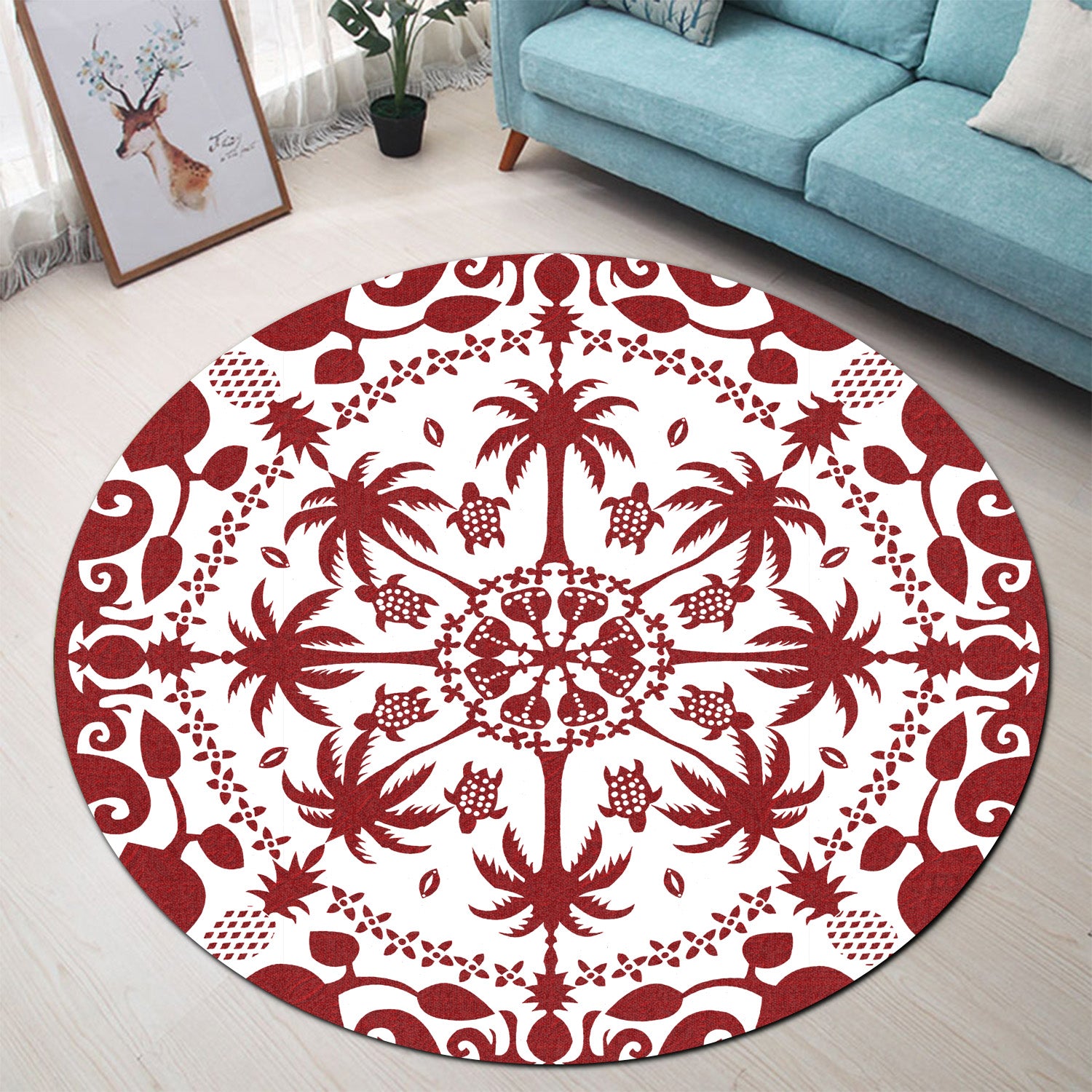 Hawaii Round Rug Red Hawaii Pattern Palm Trees and Turtles Polynesian