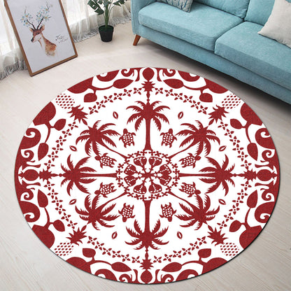Hawaii Round Rug Red Hawaii Pattern Palm Trees and Turtles Polynesian