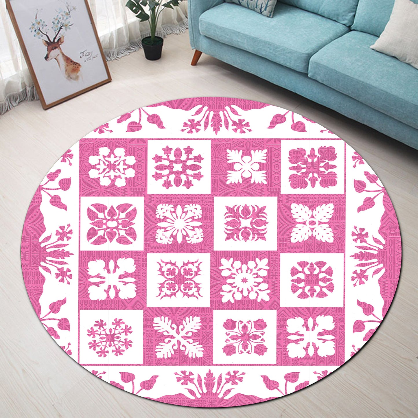 Hawaii Round Rug Pink Hawaii Pattern Polynesian Color