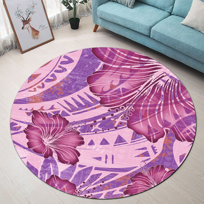 Hawaii Round Rug Polynesian Motif Purple Hibiscus
