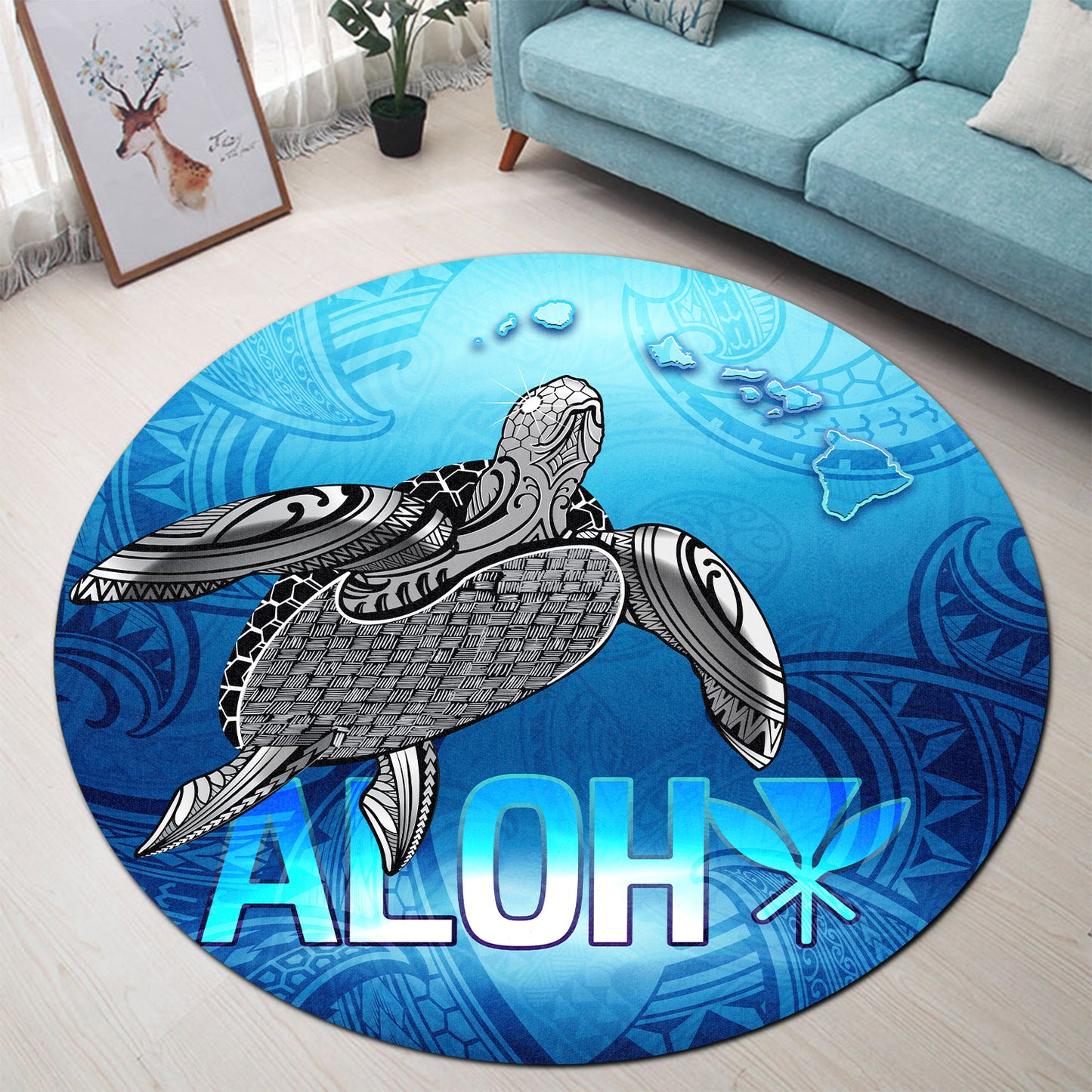 Hawaii Round Rug Aloha Turtle Ocean Style