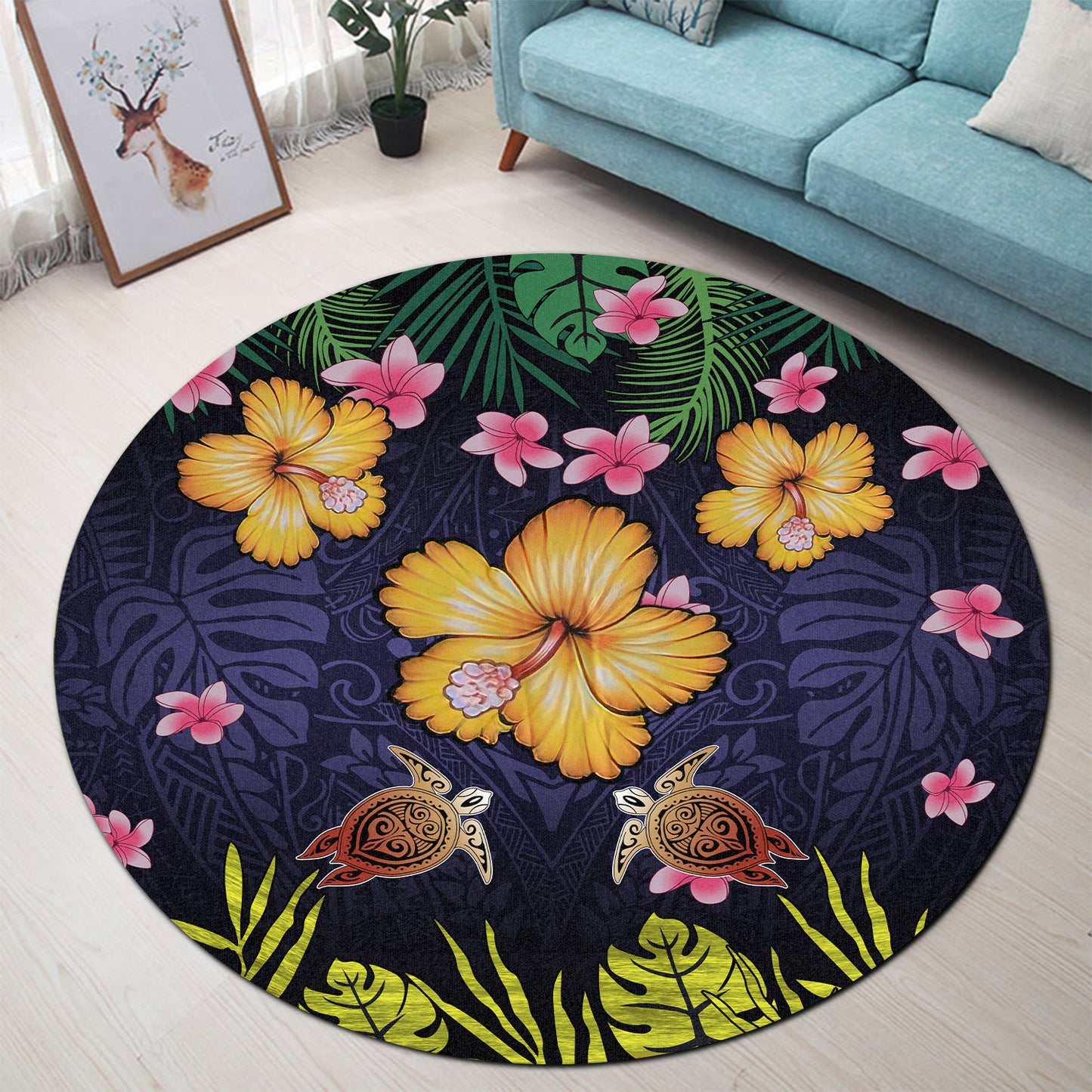 Hawaii Round Rug Polynesian Patterns Turtle Couple Hibiscus Plumeria Flowers
