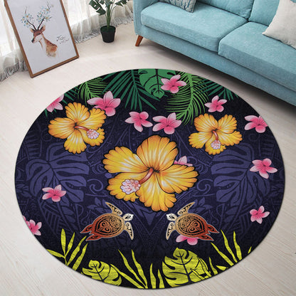Hawaii Round Rug Polynesian Patterns Turtle Couple Hibiscus Plumeria Flowers