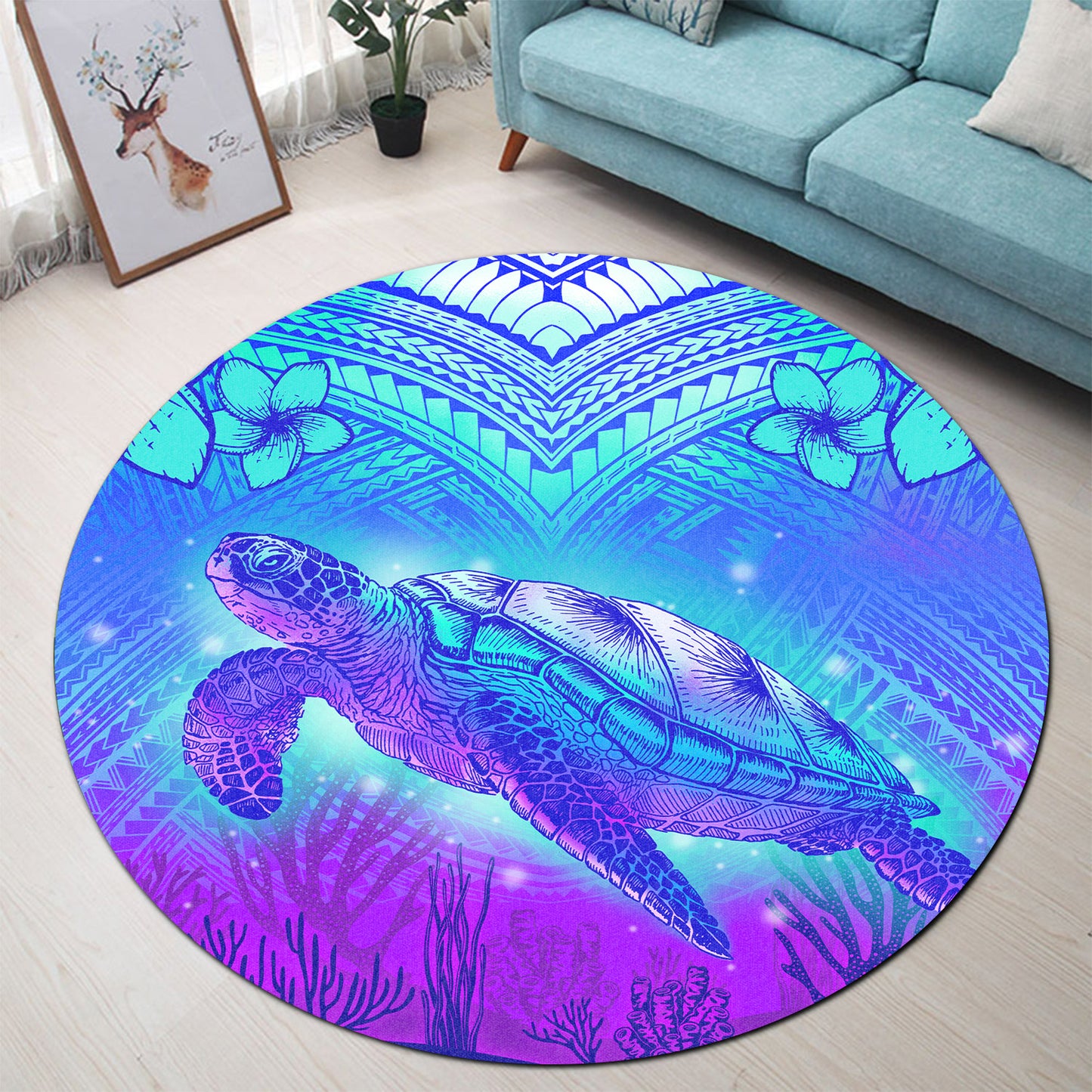 Hawaii Round Rug Turtle Underwater Sea Polynesian Style