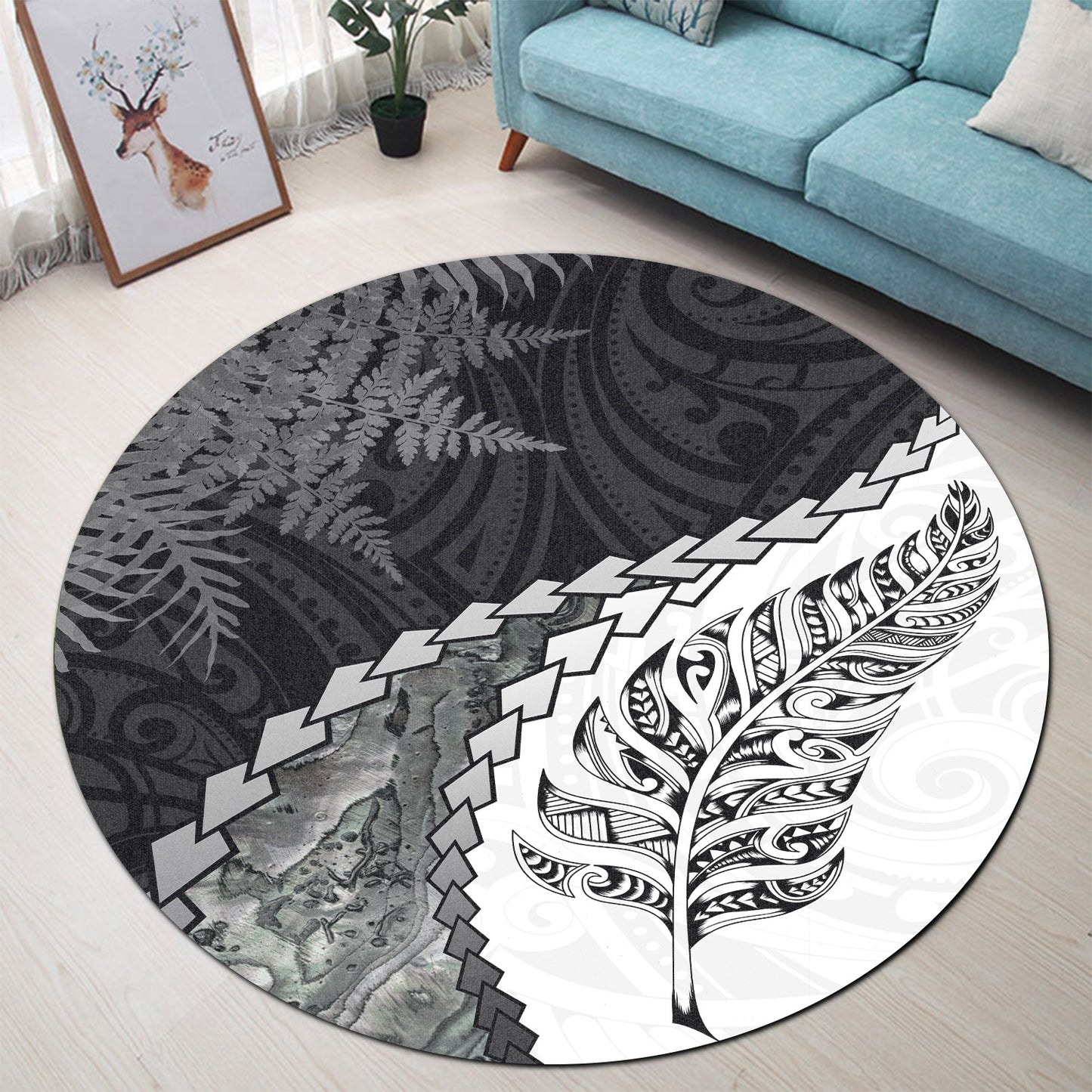 New Zealand Round Rug Silver Fern Maori Pattern
