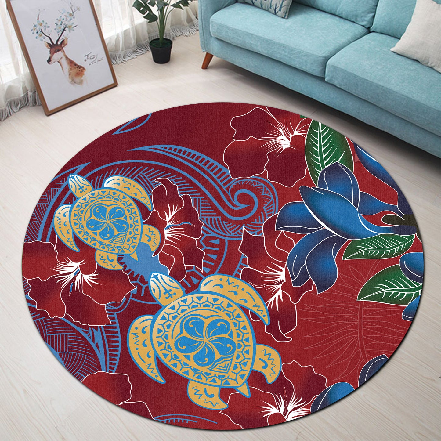 Hawaii Round Rug Polynesian Cultures Turtle Couple Tropical Flowers Red Color