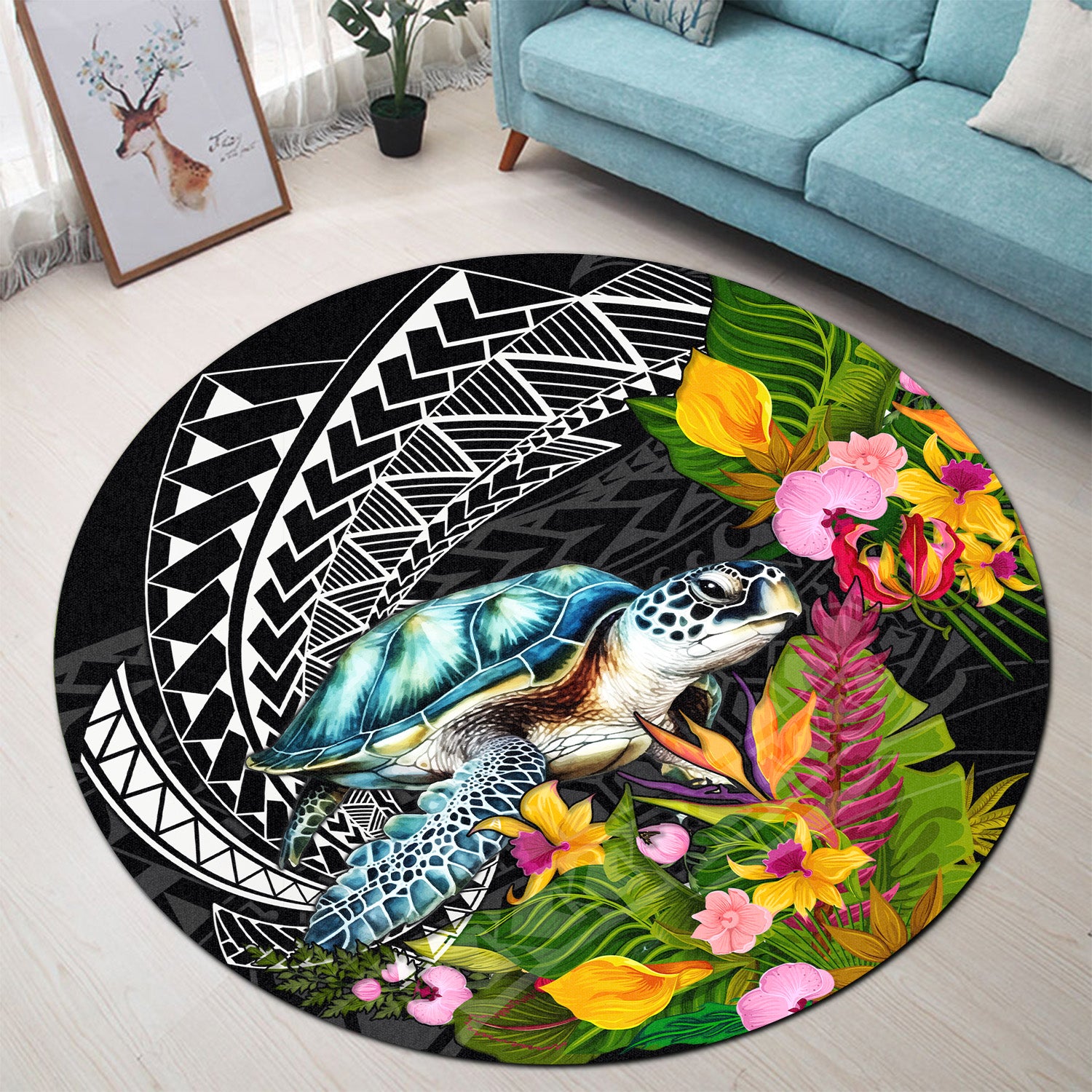 Hawaii Round Rug Turtle Ocean Spiral Polynesian Patterns