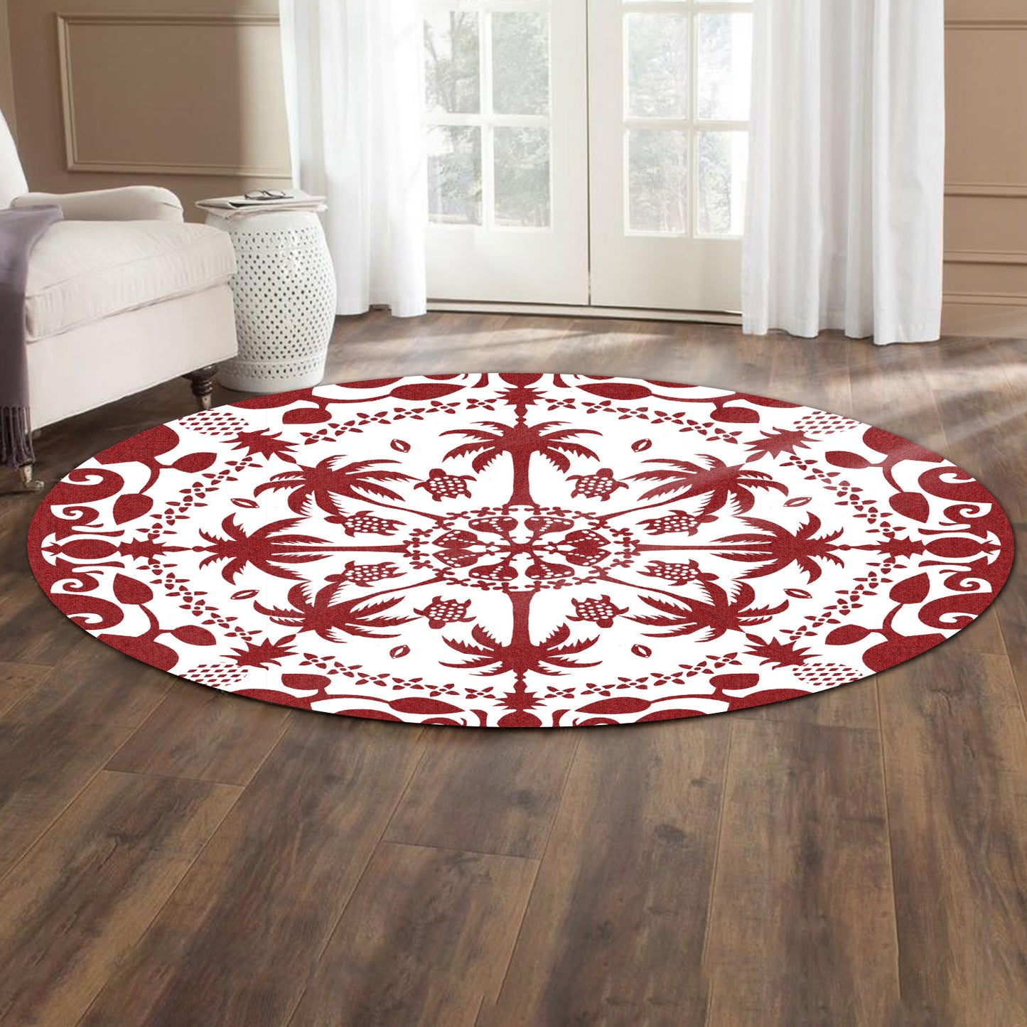Hawaii Round Rug Red Hawaii Pattern Palm Trees and Turtles Polynesian